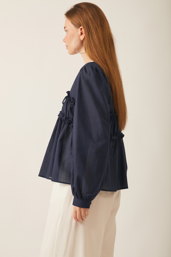 Gathered Voile Blouse Navy Blue - 3