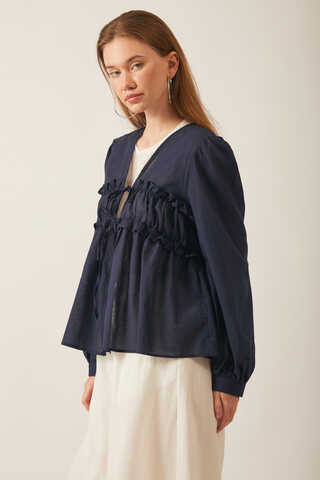 Gathered Voile Blouse Navy Blue - 4