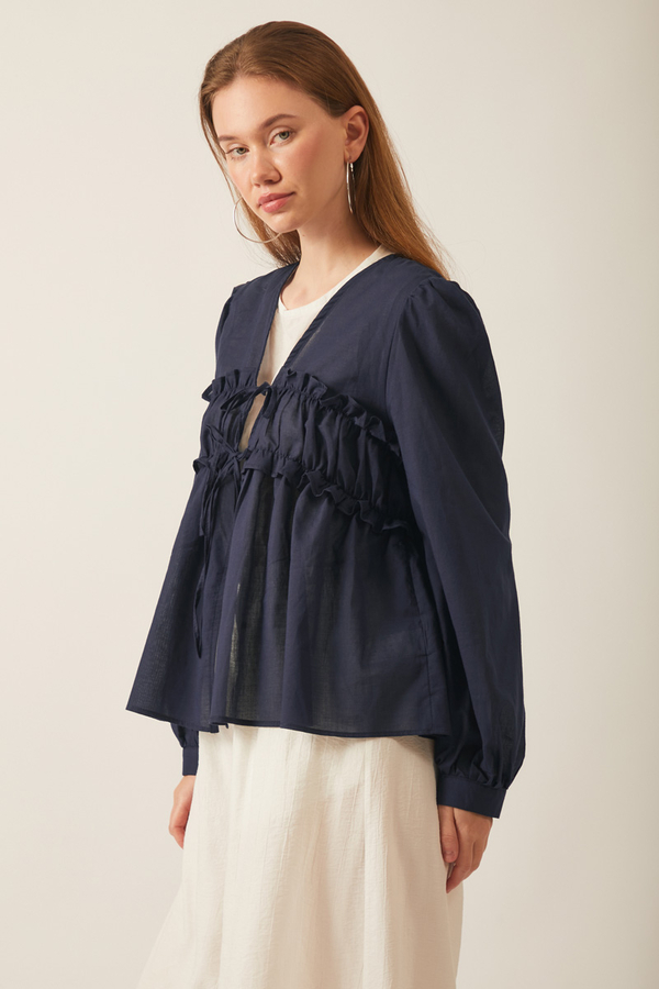 Gathered Voile Blouse Navy Blue - 4