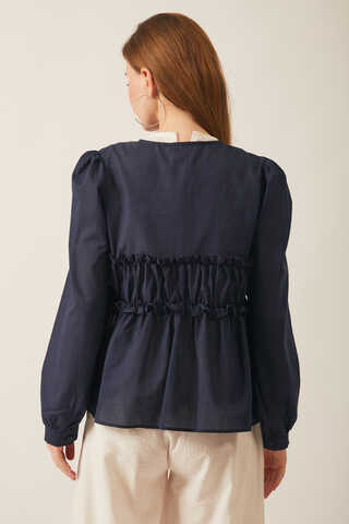 Gathered Voile Blouse Navy Blue - 11