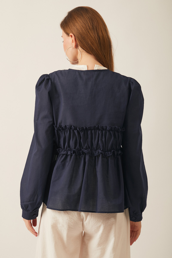 Gathered Voile Blouse Navy Blue - 11