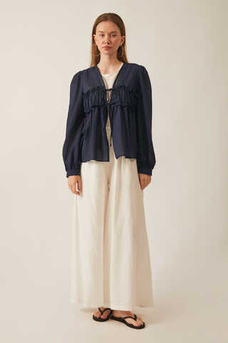 Gathered Voile Blouse Navy Blue - 2