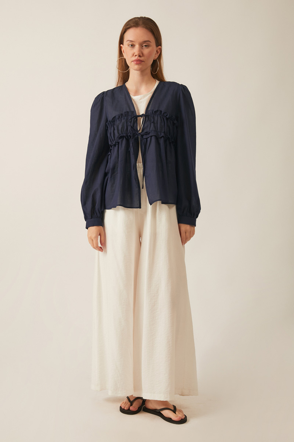 Gathered Voile Blouse Navy Blue - 2