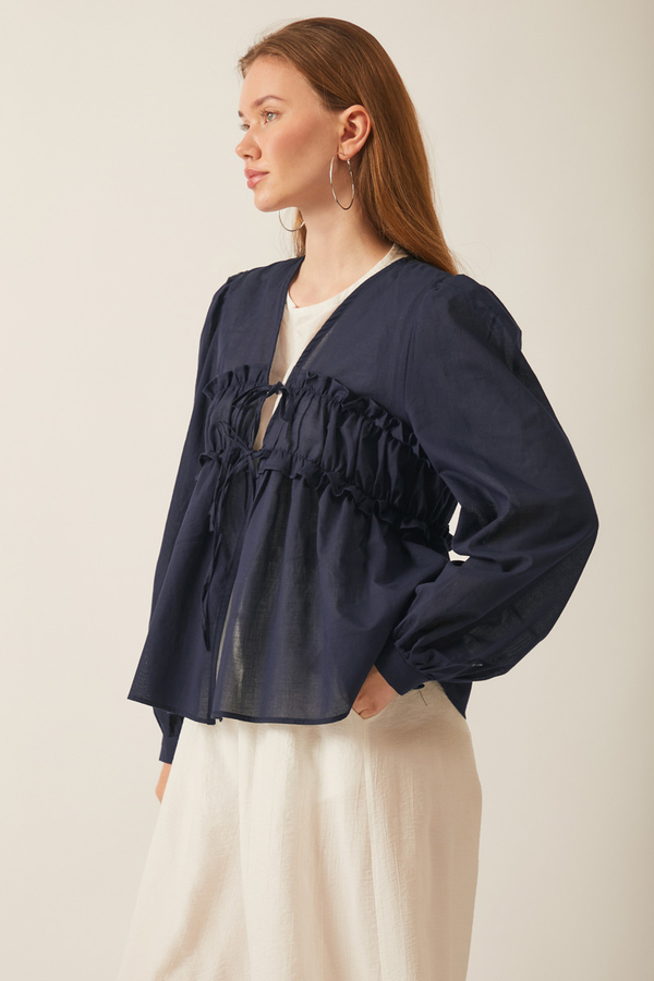 Gathered Voile Blouse Navy Blue