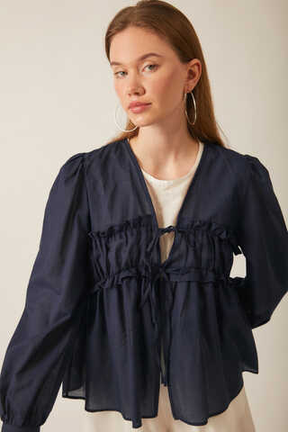Gathered Voile Blouse Navy Blue - 7