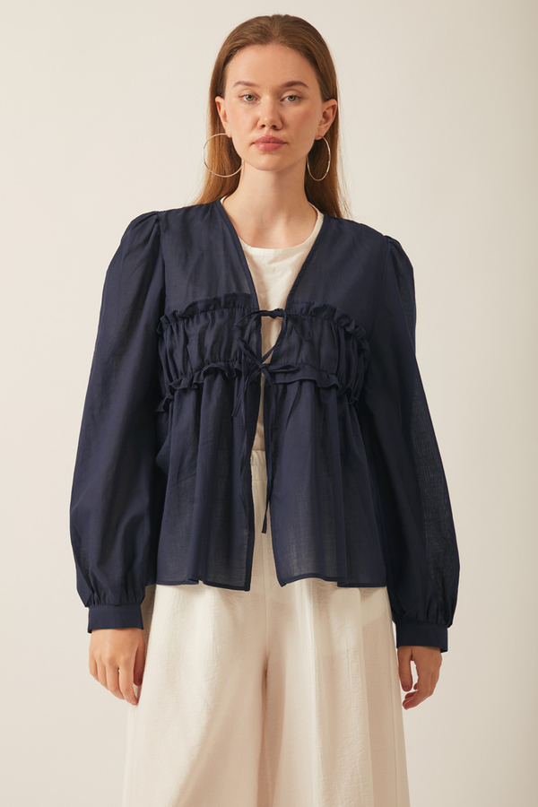 Gathered Voile Blouse Navy Blue - 8