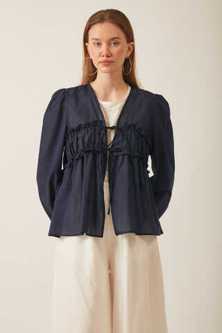 Gathered Voile Blouse Navy Blue - 9