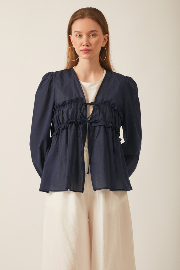 Gathered Voile Blouse Navy Blue - 9