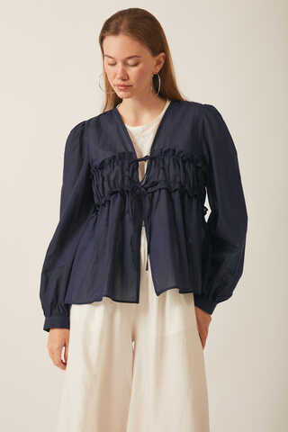 Gathered Voile Blouse Navy Blue - 10