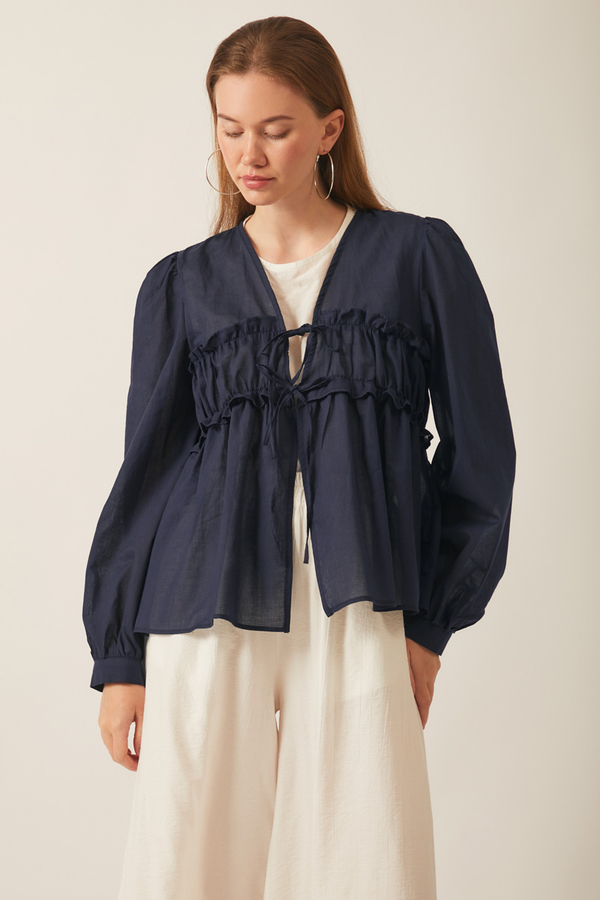 Gathered Voile Blouse Navy Blue - 10