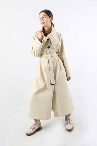 Geniş Dik Yakalı Uzun Kaban Krem - 1