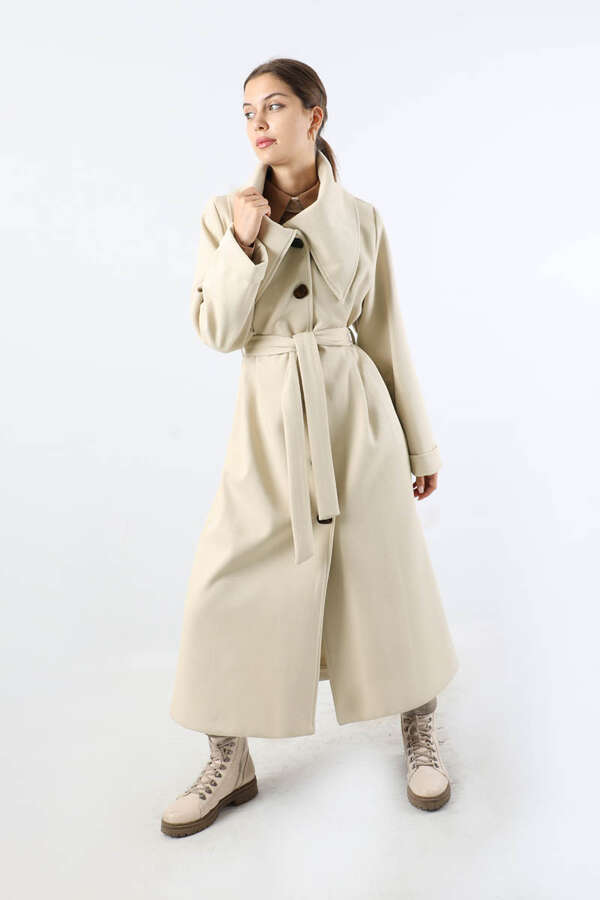 Geniş Dik Yakalı Uzun Kaban Krem - 1