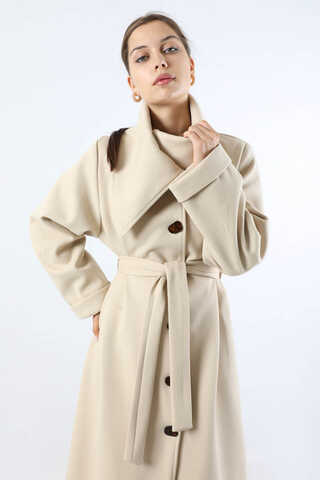 Geniş Dik Yakalı Uzun Kaban Krem - 2