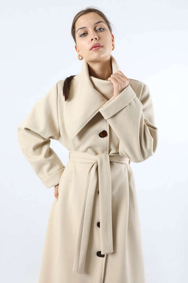 Geniş Dik Yakalı Uzun Kaban Krem - 2