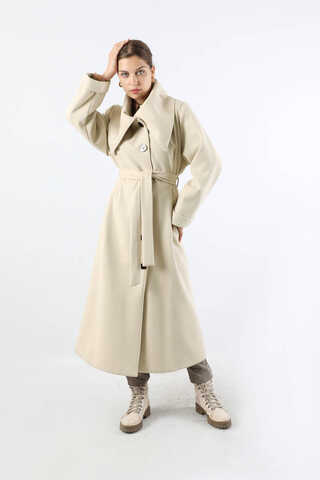 Geniş Dik Yakalı Uzun Kaban Krem - 5