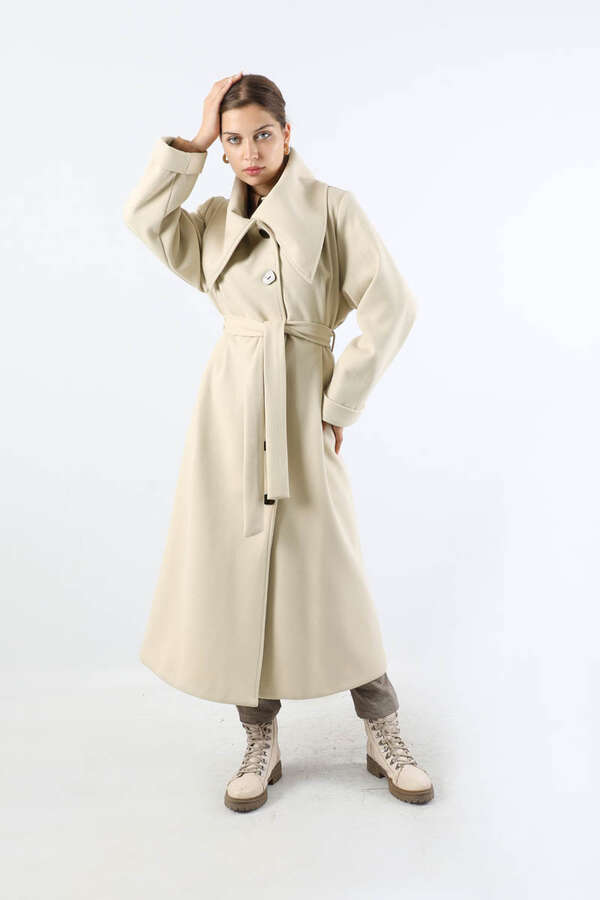 Geniş Dik Yakalı Uzun Kaban Krem - 5