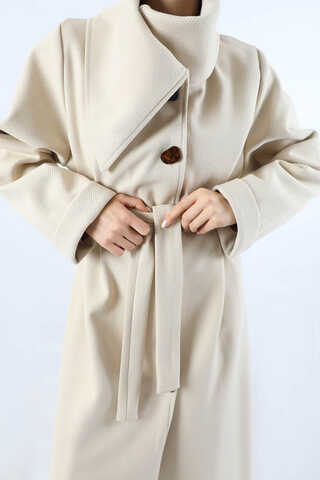 Geniş Dik Yakalı Uzun Kaban Krem - 4