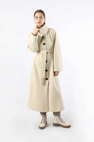 Geniş Dik Yakalı Uzun Kaban Krem - 3