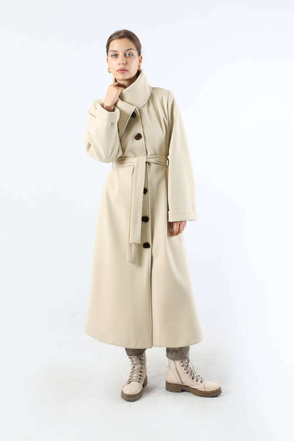 Geniş Dik Yakalı Uzun Kaban Krem - 3