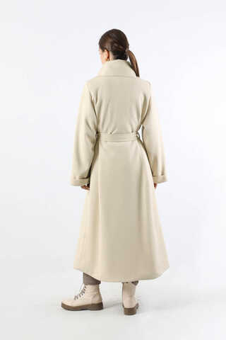 Geniş Dik Yakalı Uzun Kaban Krem - 6