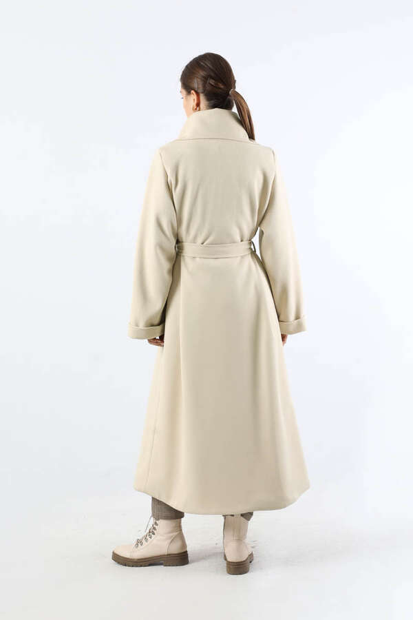 Geniş Dik Yakalı Uzun Kaban Krem - 6