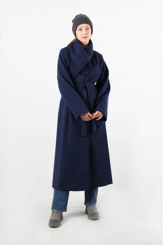 Geniş Dik Yakalı Uzun Kaban Lacivert - 1