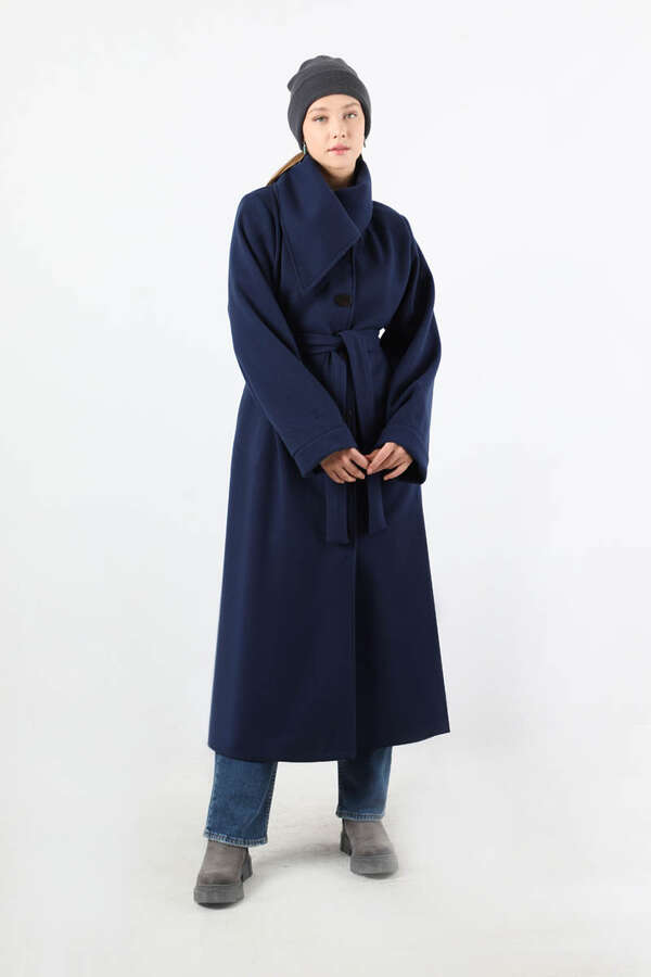 Geniş Dik Yakalı Uzun Kaban Lacivert - 1