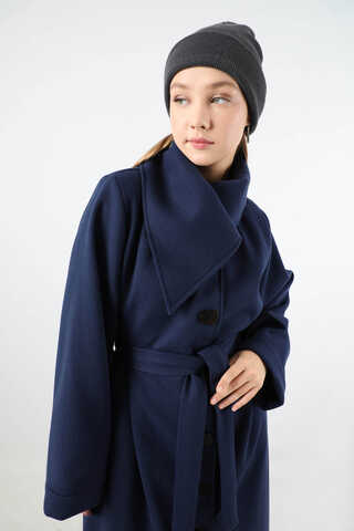 Geniş Dik Yakalı Uzun Kaban Lacivert - 2