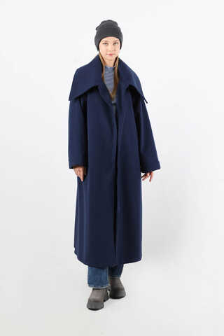 Geniş Dik Yakalı Uzun Kaban Lacivert - 3