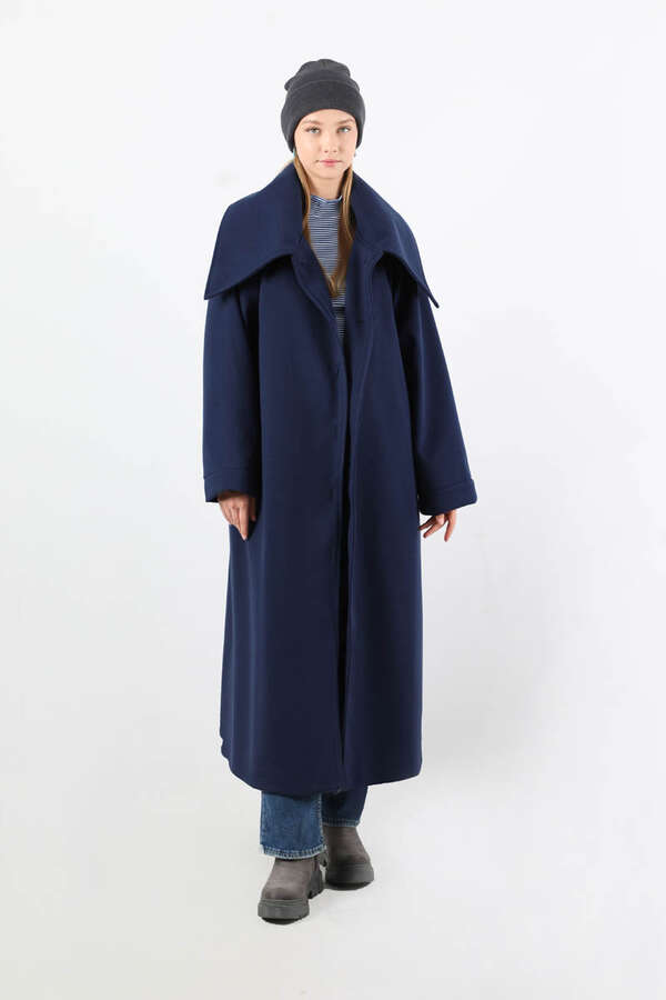 Geniş Dik Yakalı Uzun Kaban Lacivert - 3