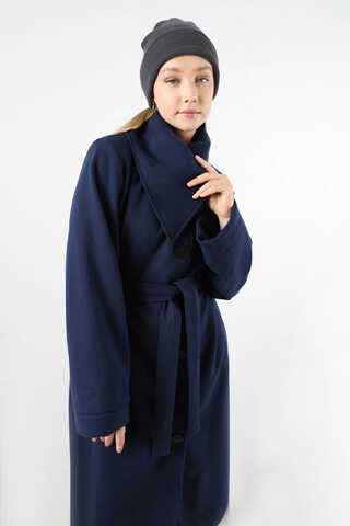 Geniş Dik Yakalı Uzun Kaban Lacivert - 4