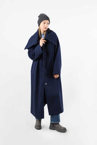 Geniş Dik Yakalı Uzun Kaban Lacivert - 5