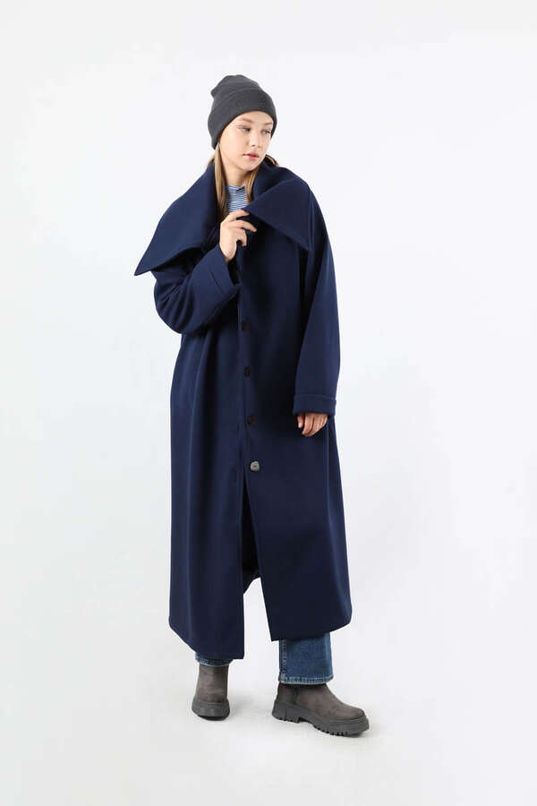 Geniş Dik Yakalı Uzun Kaban Lacivert - 5