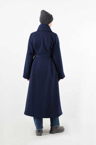 Geniş Dik Yakalı Uzun Kaban Lacivert - 6