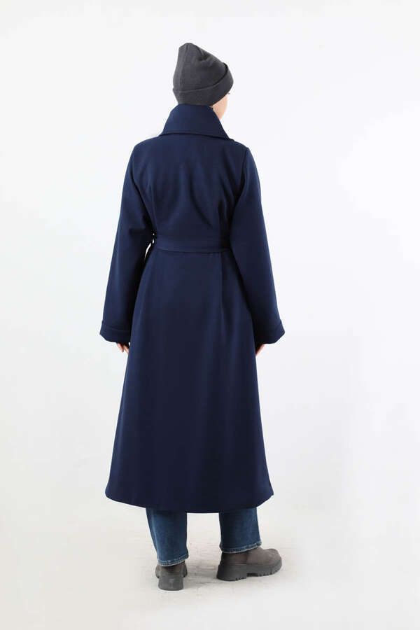 Geniş Dik Yakalı Uzun Kaban Lacivert - 6