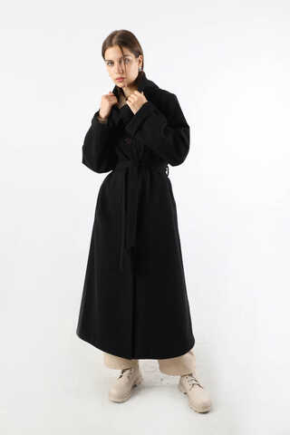 Geniş Dik Yakalı Uzun Kaban Siyah - 1