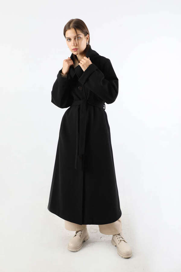 Geniş Dik Yakalı Uzun Kaban Siyah - 1