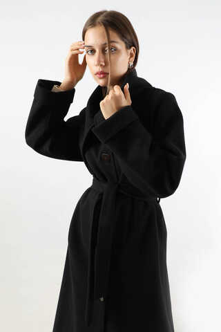 Geniş Dik Yakalı Uzun Kaban Siyah - 2