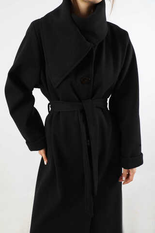 Geniş Dik Yakalı Uzun Kaban Siyah - 4