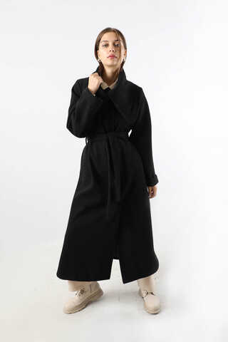 Geniş Dik Yakalı Uzun Kaban Siyah - 5