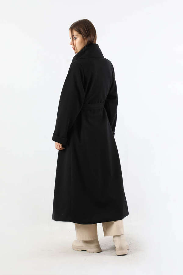 Geniş Dik Yakalı Uzun Kaban Siyah - 6
