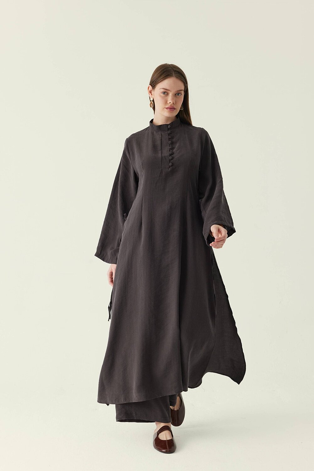 Geniş Kollu Düğmeli Tunik Takım Acı Kahve 