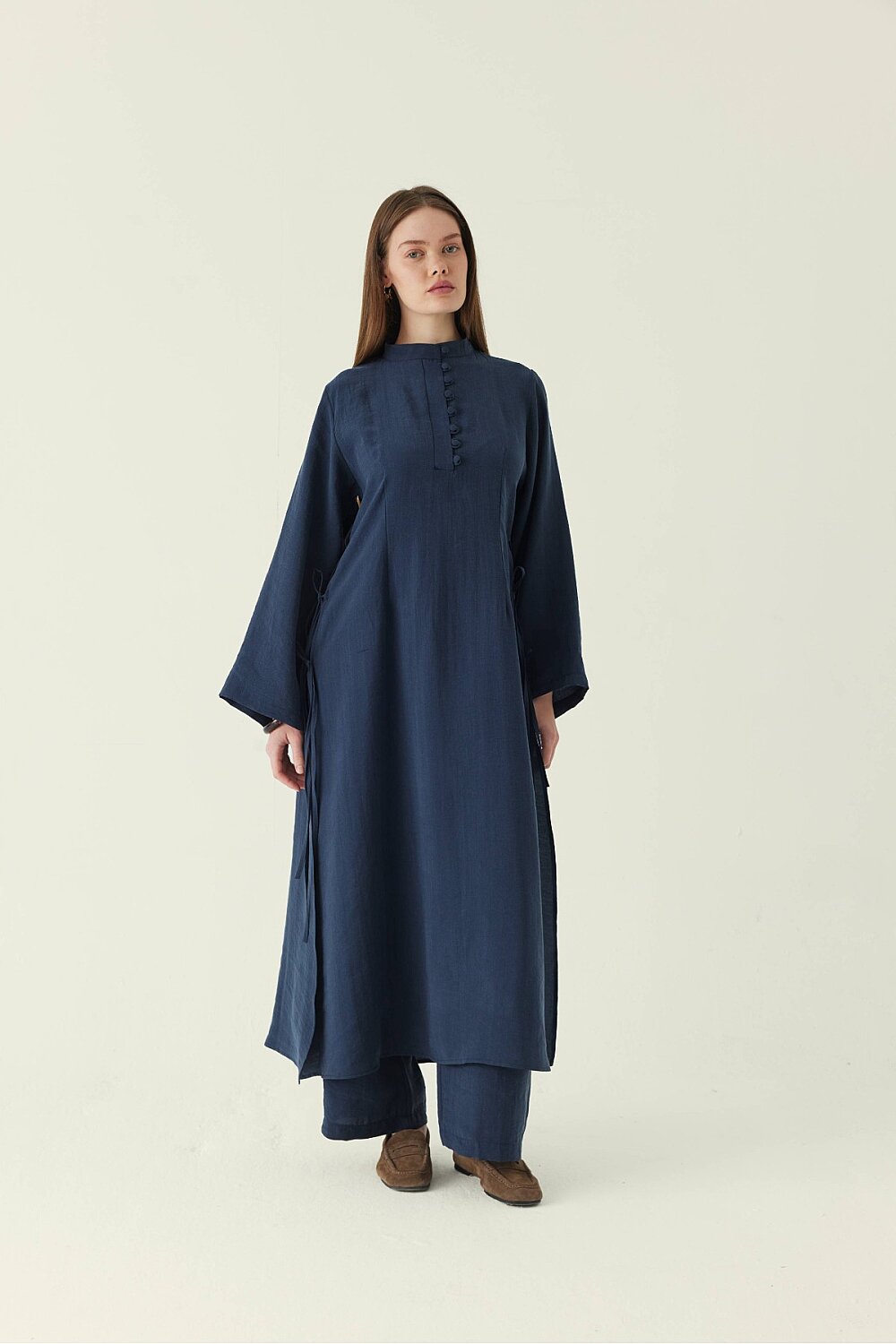 Geniş Kollu Düğmeli Tunik Takım Lacivert 