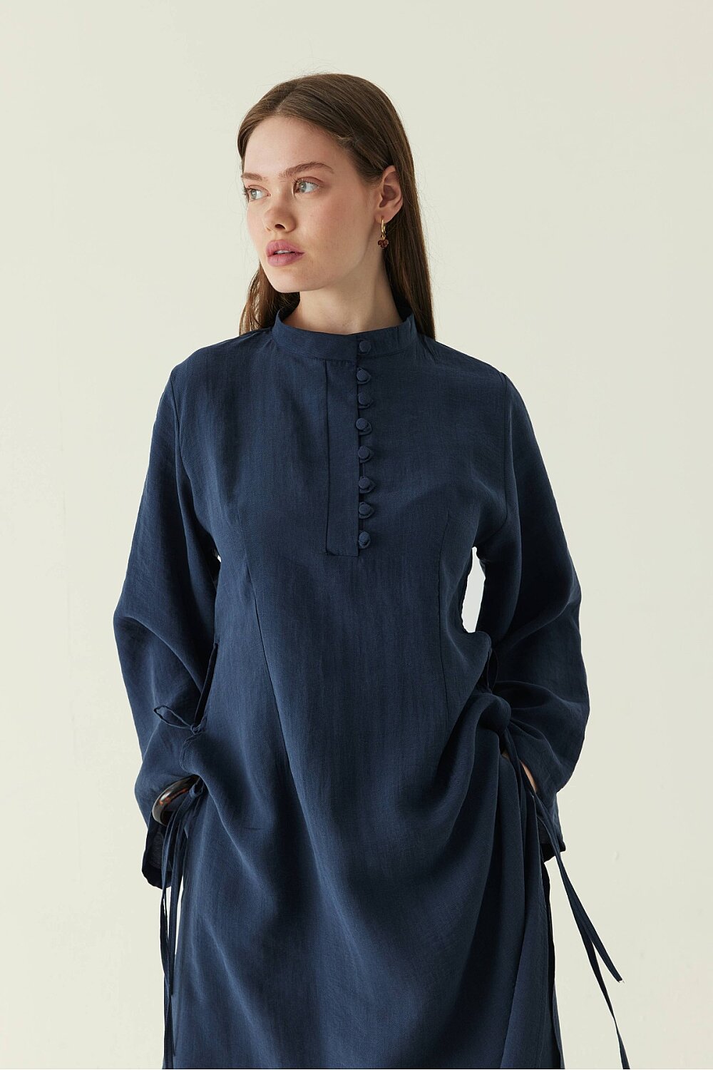 Geniş Kollu Düğmeli Tunik Takım Lacivert - 4