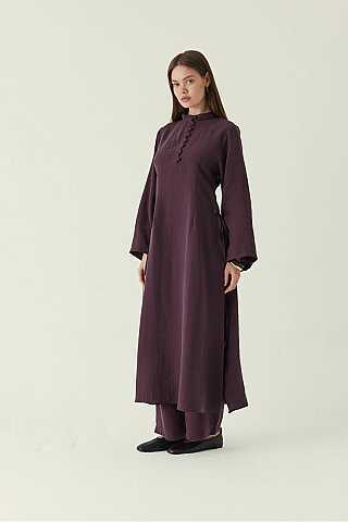 Geniş Kollu Düğmeli Tunik Takım Mürdüm - 2