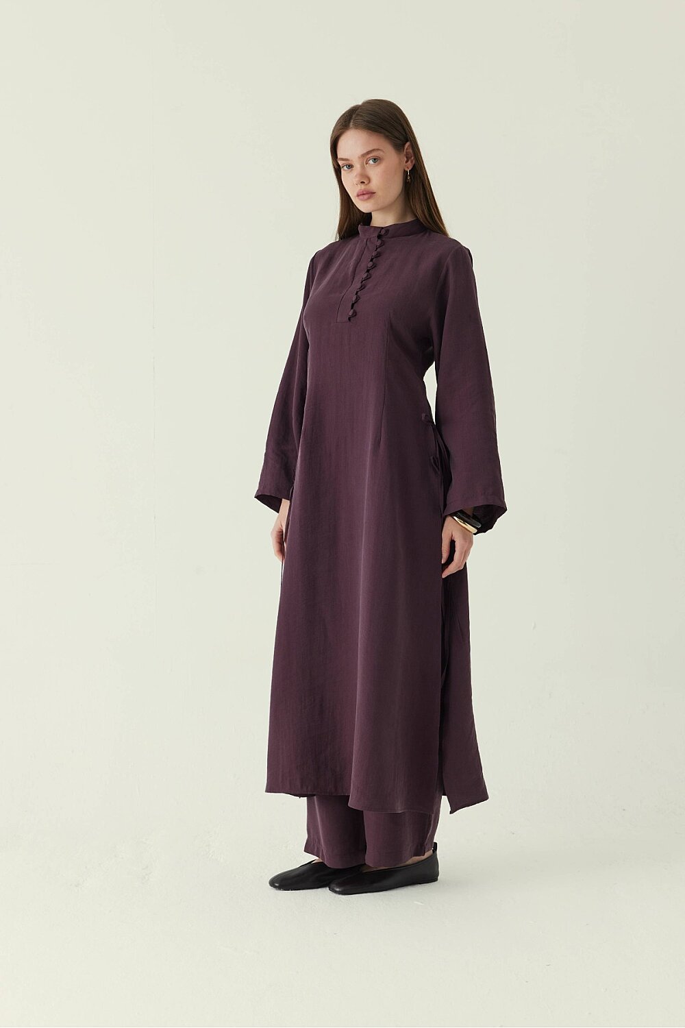 Geniş Kollu Düğmeli Tunik Takım Mürdüm - 2