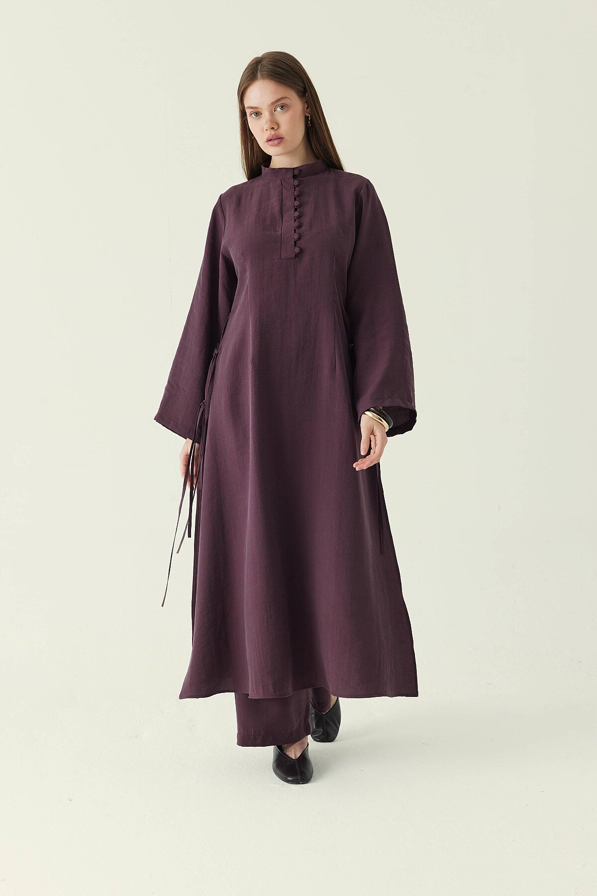 Geniş Kollu Düğmeli Tunik Takım Mürdüm