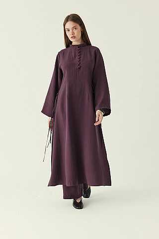 Geniş Kollu Düğmeli Tunik Takım Mürdüm - 1