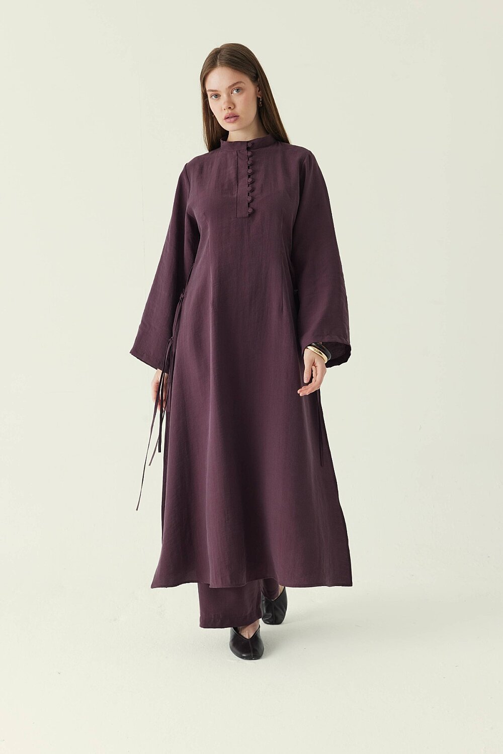 Geniş Kollu Düğmeli Tunik Takım Mürdüm - 1