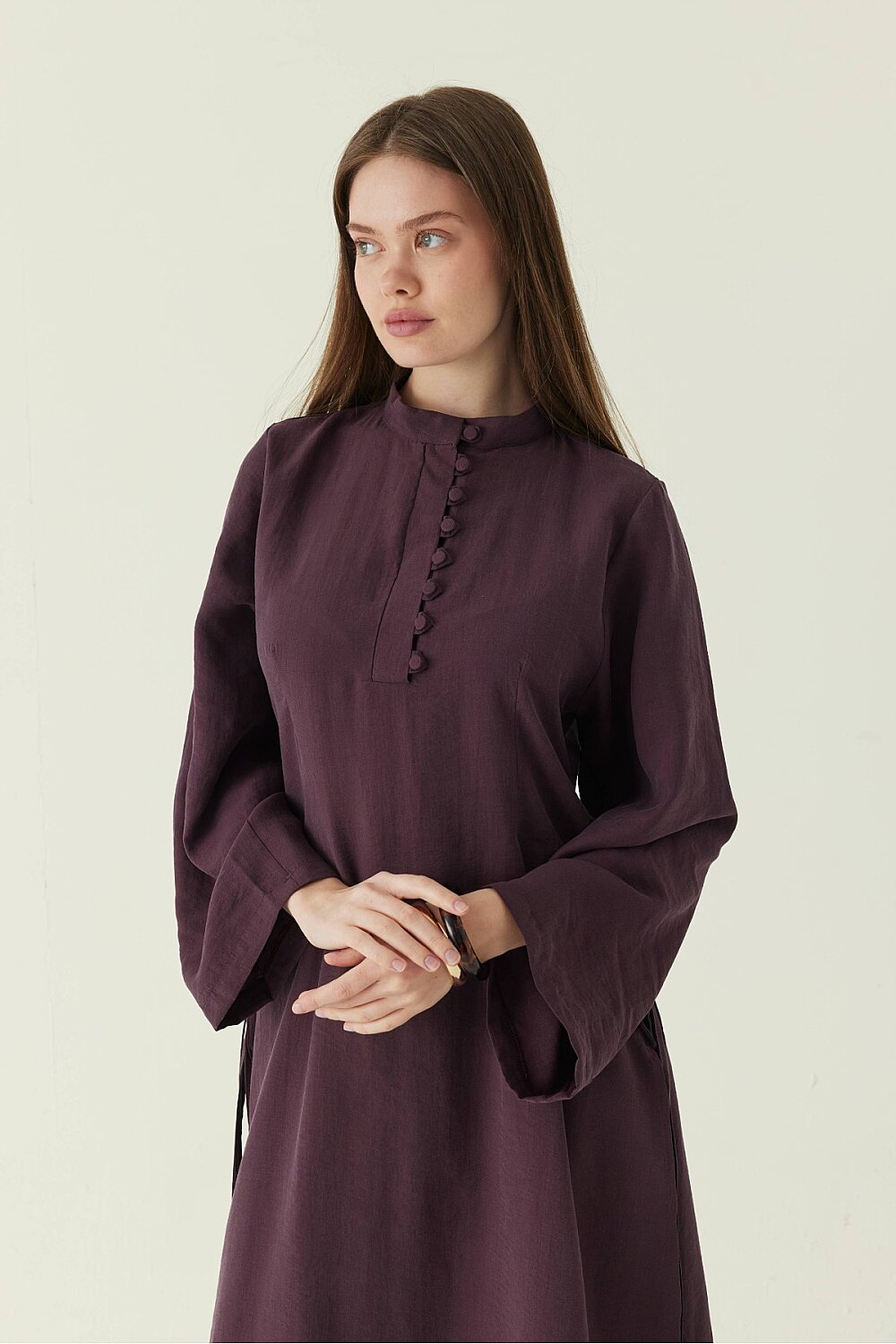 Geniş Kollu Düğmeli Tunik Takım Mürdüm - 4